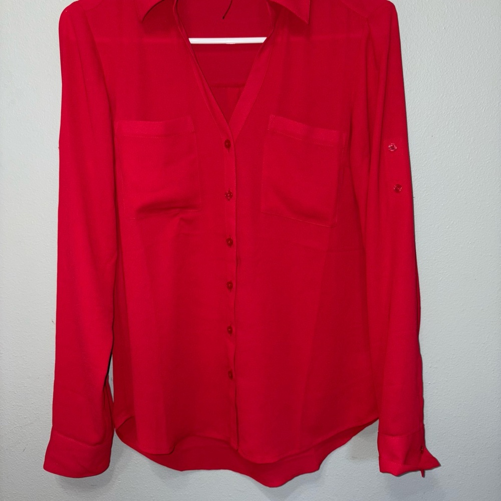 Express Red Long Sleeve Notched Collar Blouse